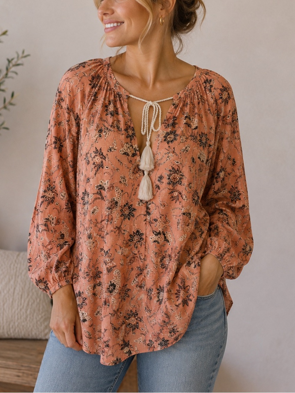 Ulla Johnson sz L (could also fit XL) Indian style print blouse peach black VGUC